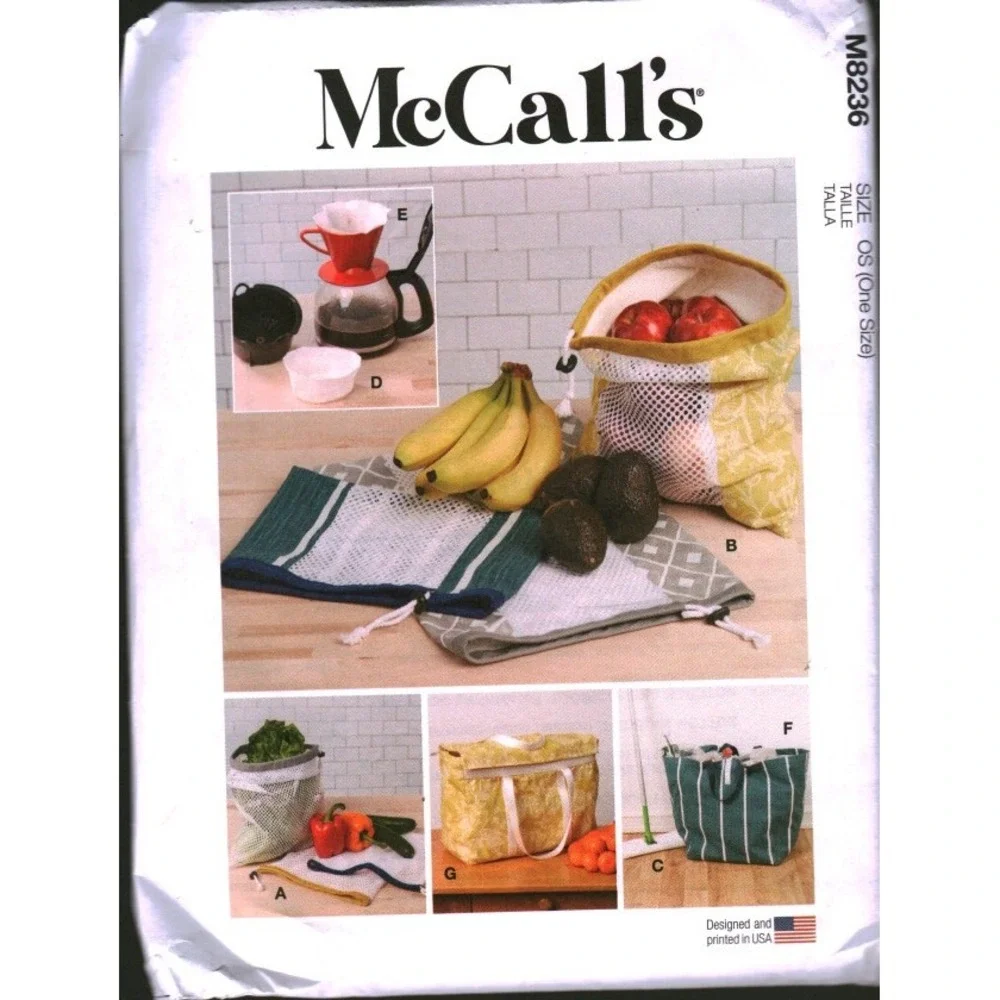 McCalls M8236 Sewing Pattern Reusable Grocery Bags Coffee Filters Mop Pad UNCUT